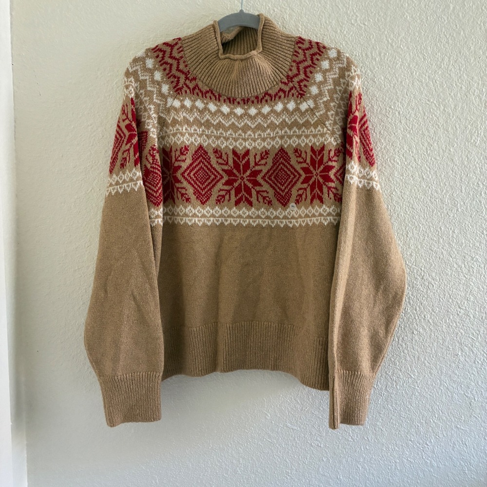 NWT Eddie Bauer Roll Top Yuletide Patterned Mock Neck Womens Size XL Oatmeal